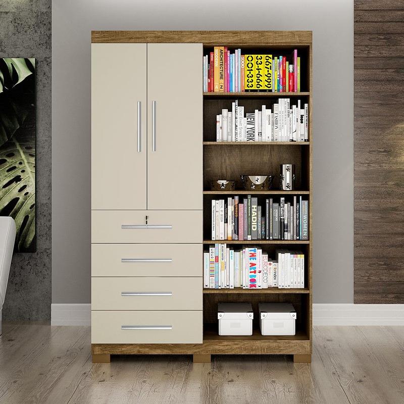 Armário Multiuso Lisboa Ipê com Off White 2 Portas 4 Gavetas